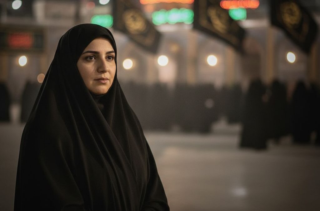 پرتره یادگاری اربعین سینمایی با نور کمرنگ محترم و پس‌زمینه صحن حرم