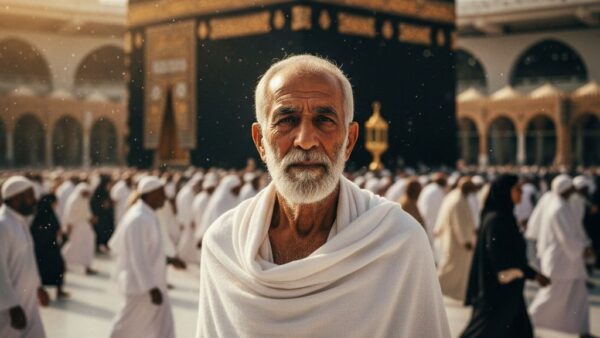 پرتره حاجی ایرانی با پس‌زمینه کعبه ساخته‌شده با جابجایی پس‌زمینه به کعبه در سیما