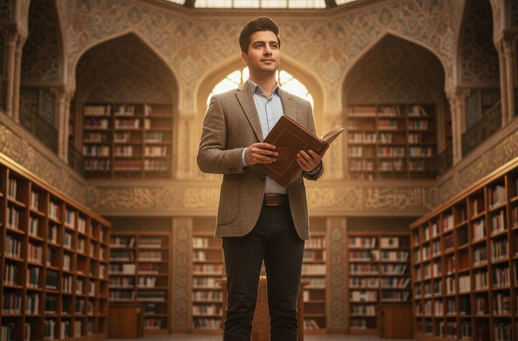 پرتره حرفه‌ای با پس‌زمینه کتابخانه ملی ایران و نور طبیعی گنبد شیشه‌ای