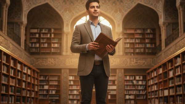 پرتره حرفه‌ای با پس‌زمینه کتابخانه ملی ایران و نور طبیعی گنبد شیشه‌ای