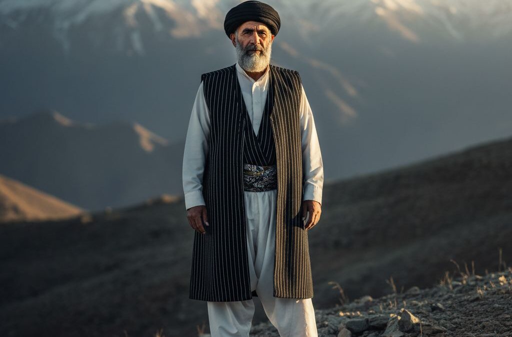 پرتره مردانه با لباس بختیاری چوقای راه‌راه در دامنه زاگرس هنگام غروب