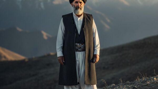 پرتره مردانه با لباس بختیاری چوقای راه‌راه در دامنه زاگرس هنگام غروب