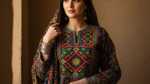 پرتره زن جوان با لباس بلوچی و سوزن‌دوزی هفت‌رنگ ساخته‌شده با هوش مصنوعی سیما