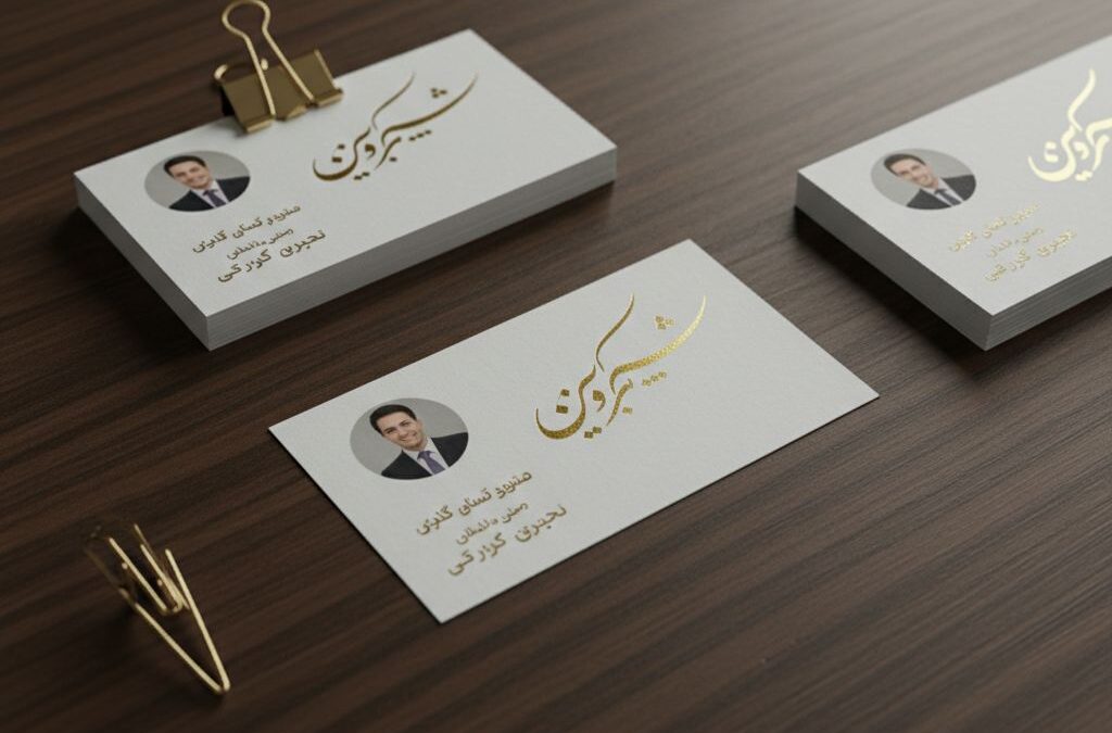 چاپ کارت ویزیت پرتره سیما روی میز چوب گردو با فویل طلایی