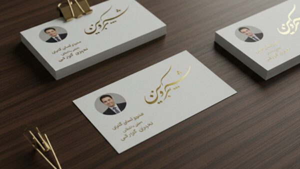 چاپ کارت ویزیت پرتره سیما روی میز چوب گردو با فویل طلایی