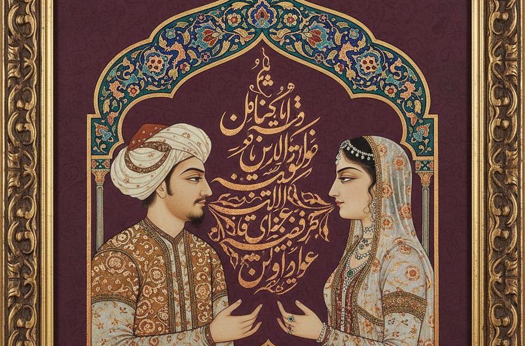 پرتره خوشنویسی سالگرد ازدواج زوج نیم‌رخ با ابیات مولانا