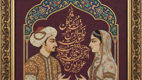 پرتره خوشنویسی سالگرد ازدواج زوج نیم‌رخ با ابیات مولانا