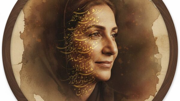 پرتره خوشنویسی خیام روی چهره یک زن ایرانی با رباعی نستعلیق طلایی در قاب مسی و پس‌زمینه مه‌آلود