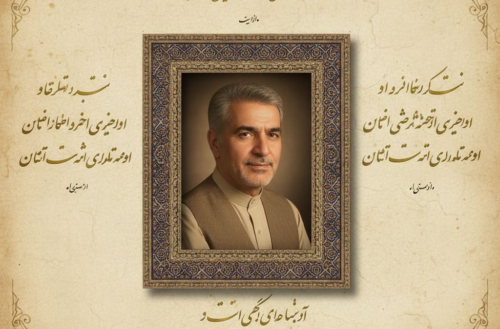 پرتره یادبود پدر با ۳ بیت خوشنویسی سعدی در قاب تذهیب‌شده