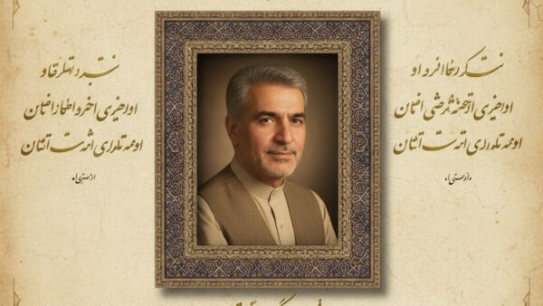 پرتره یادبود پدر با ۳ بیت خوشنویسی سعدی در قاب تذهیب‌شده