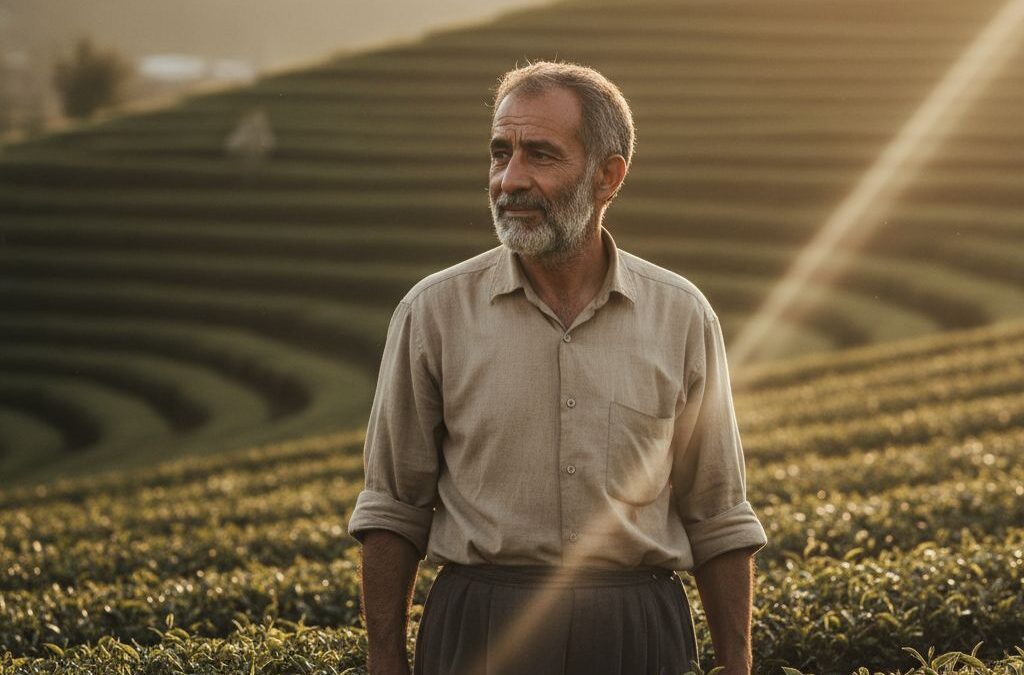 پرتره سینمایی به سبک کارگردانان ایرانی در مزرعه چای شمال با نور طلایی
