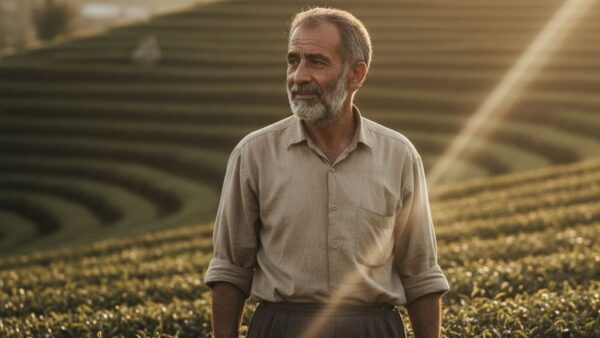پرتره سینمایی به سبک کارگردانان ایرانی در مزرعه چای شمال با نور طلایی