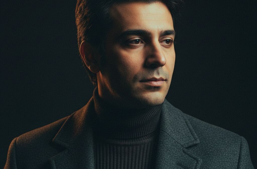 پرتره سینمایی بازیگر تئاتر با نورپردازی رامبراند و پس‌زمینه تیره برای عکس پروفایل