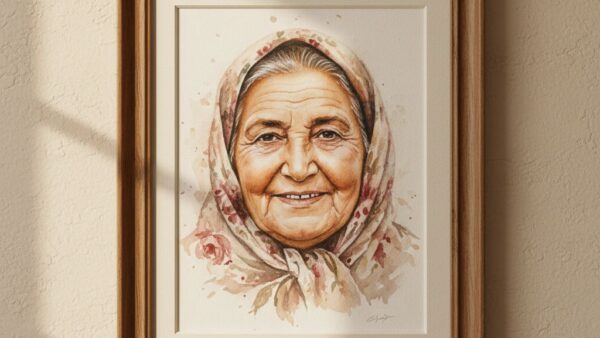 پرتره آبرنگ مادربزرگ ایرانی در قاب چوبی دیواری با روسری گلدار