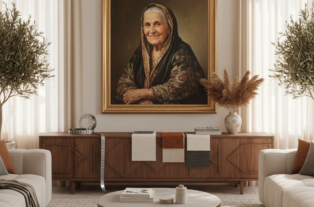 اتاق نشیمن مدرن ایرانی با تابلوی روغنی پرتره روی دیوار و متر و نمونه‌های چاپ روی کنسول