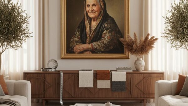 اتاق نشیمن مدرن ایرانی با تابلوی روغنی پرتره روی دیوار و متر و نمونه‌های چاپ روی کنسول