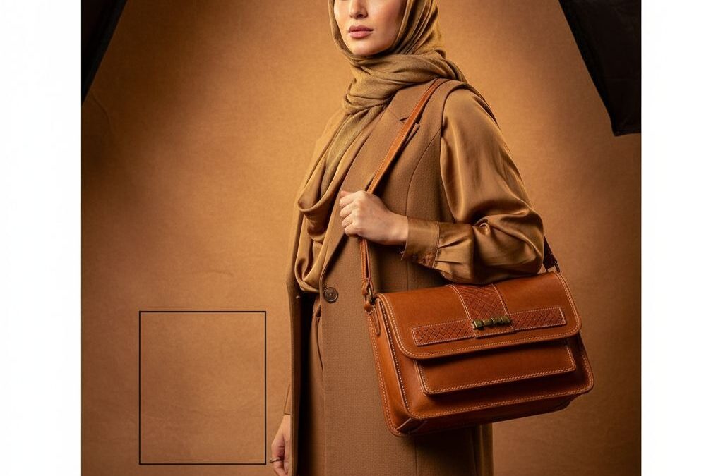 پرتره ادیتوریال زن با کیف چرمی قهوه‌ای روی پس‌زمینه کرم