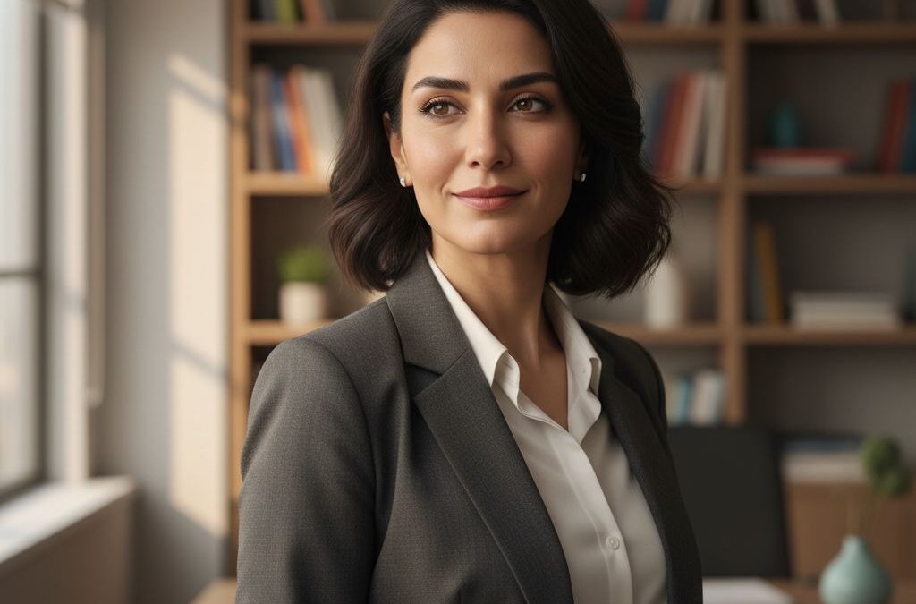 پرتره کارآفرین برای صفحه About شرکت با کت شارکول و نور طبیعی پنجره