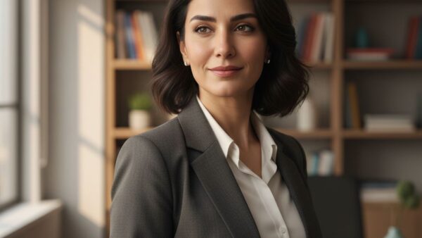 پرتره کارآفرین برای صفحه About شرکت با کت شارکول و نور طبیعی پنجره