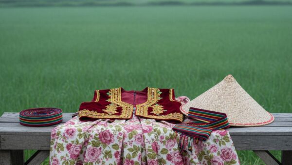 پرتره لباس گیلکی — دامن گلدار و جلیقه‌ی مخملی روی شالیزار