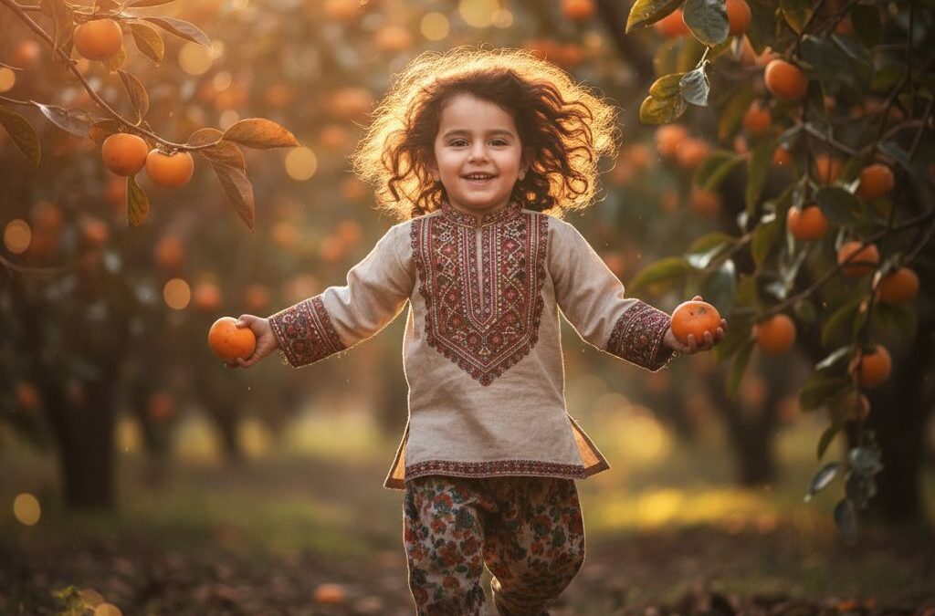 پرتره ساعت طلایی کودک در حال دویدن در باغ خرمالو