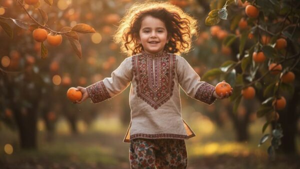 پرتره ساعت طلایی کودک در حال دویدن در باغ خرمالو