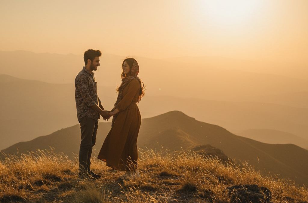 پرتره ساعت طلایی زوج روی خط‌الرأس البرز در غروب