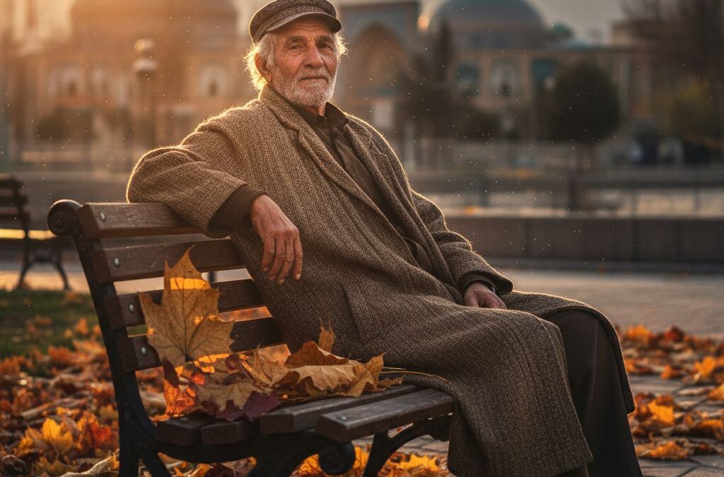 پرتره ساعت طلایی سالمند روی نیمکت پارک شهری در پاییز