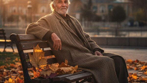 پرتره ساعت طلایی سالمند روی نیمکت پارک شهری در پاییز