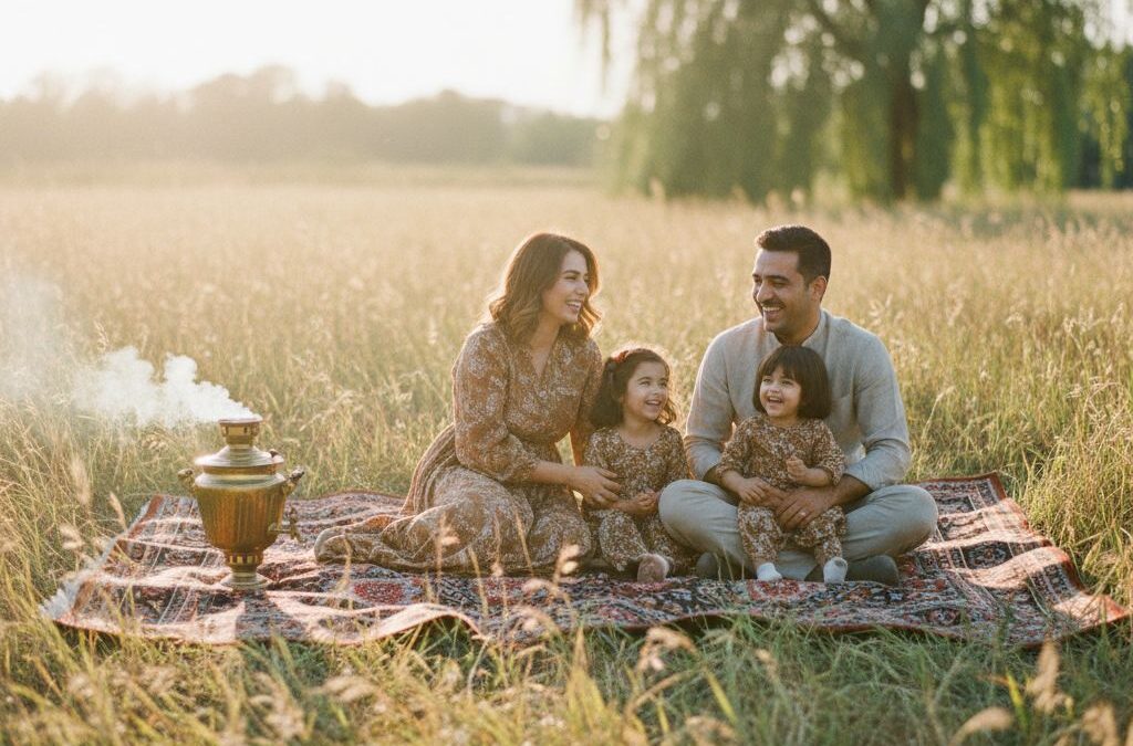 پرتره ساعت طلایی خانواده کنار سماور روی گلیم در چمن