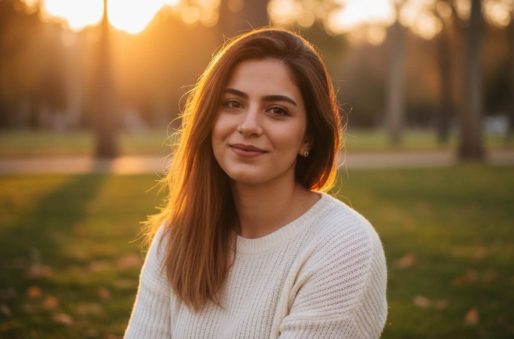 پرتره ساعت طلایی بیرونی با نور مایل نارنجی و پس‌زمینه محو