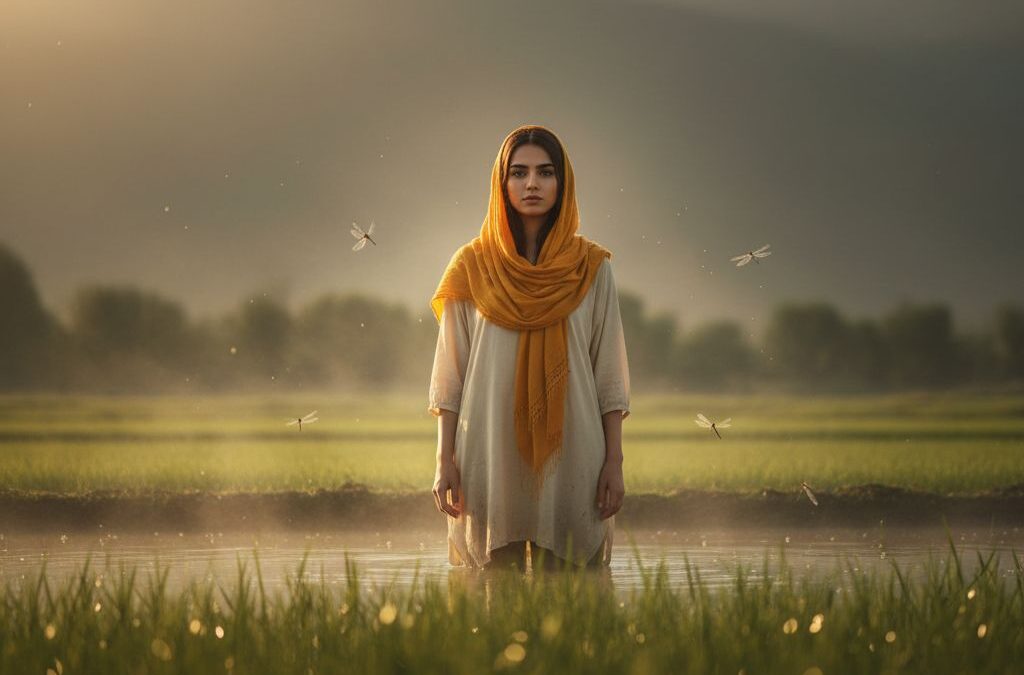 پرتره ساعت طلایی زن جوان ایرانی در شالیزار سبز شمال با روسری زعفرانی و نور غروب طلایی از پشت
