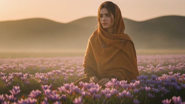 پرتره ساعت طلایی زن ایرانی در دشت زعفران قائنات با نور مورب نارنجی
