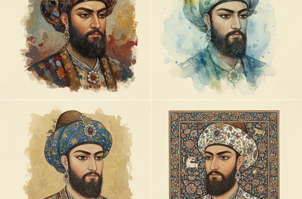 چهار سبک هنری متفاوت روی یک پرتره ایرانی به‌عنوان نمونه کلیدواژه طلایی سبک هنری