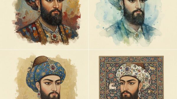 چهار سبک هنری متفاوت روی یک پرتره ایرانی به‌عنوان نمونه کلیدواژه طلایی سبک هنری