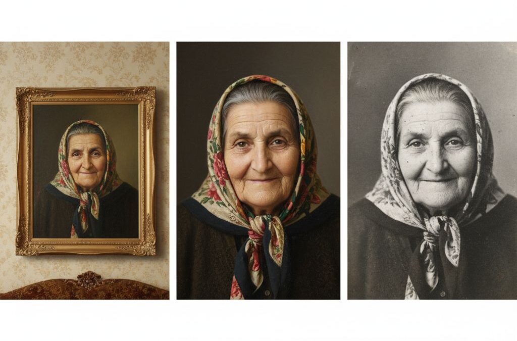 کولاژ سه‌بخشی بازسازی عکس مادربزرگ تابلوی دیواری از سیاه‌وسفید تا نقاشی رنگ روغن