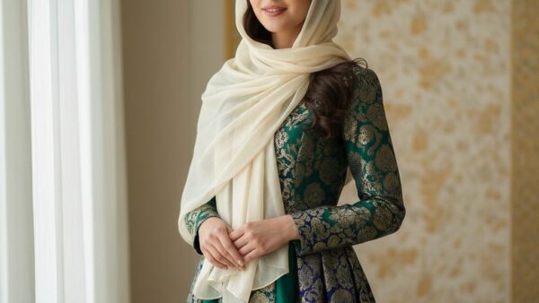 پرتره خواستگاری با لباس سنتی ایرانی، ژست ایستاده محترمانه در نور نرم پنجره