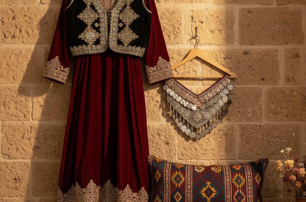 پرتره لباس محلی کردی — پیراهن مخملی سرخ با گلدوزی طلایی