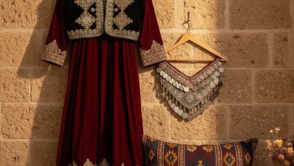 پرتره لباس محلی کردی — پیراهن مخملی سرخ با گلدوزی طلایی