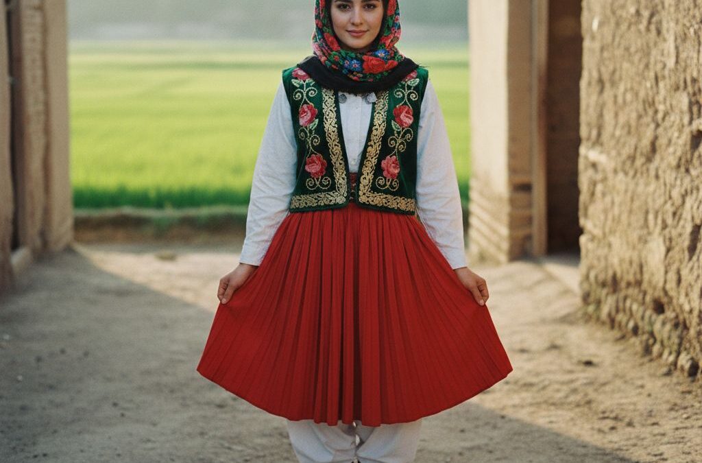 پرتره زن ایرانی با لباس مازندرانی زنانه و روسری گل‌گلی رنگارنگ در نور طبیعی