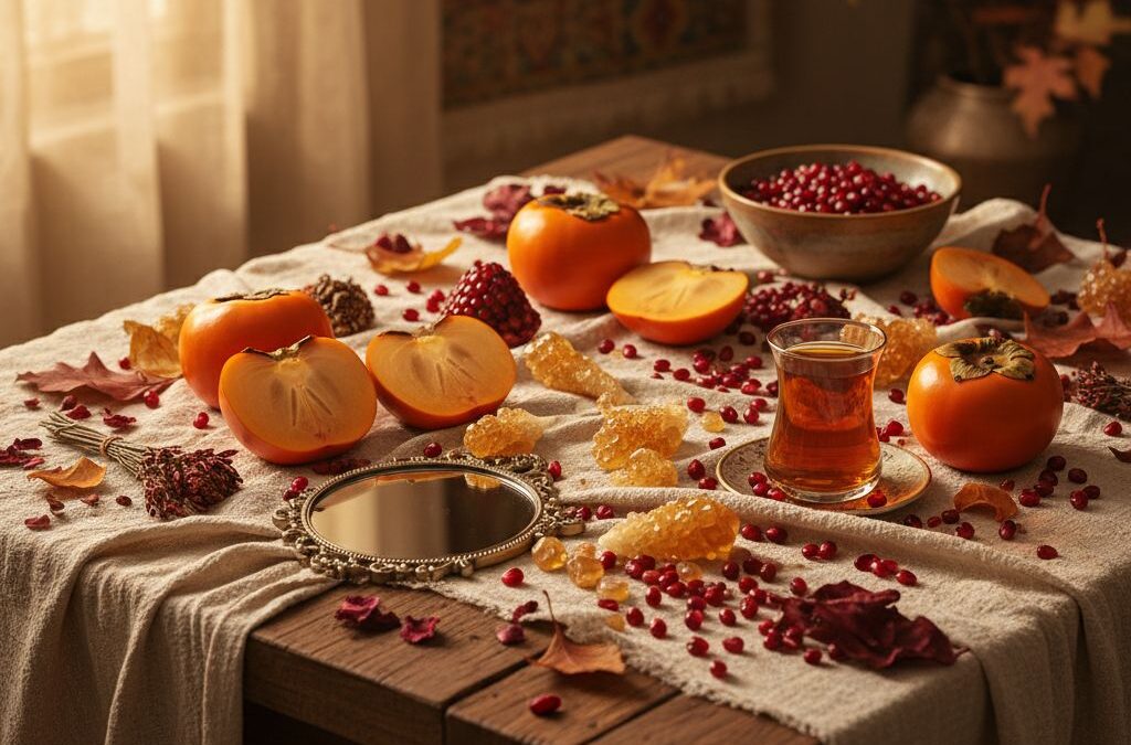 عکس مهرگان با تم پاییز — سفره‌ی مهر با انار و پرسیمون
