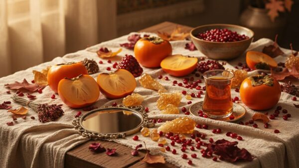 عکس مهرگان با تم پاییز — سفره‌ی مهر با انار و پرسیمون