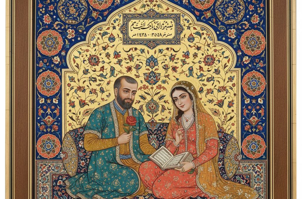 مینیاتور زوج میان‌سال با کتاب شعر و کتیبه سالگرد
