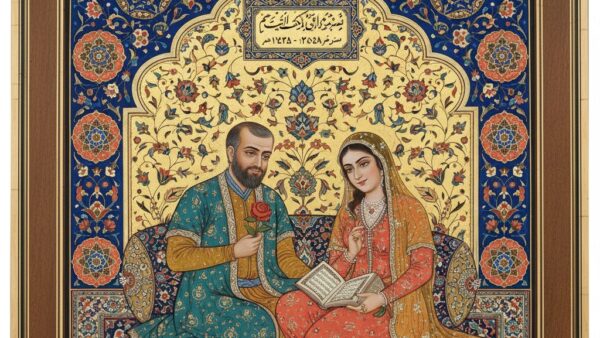 مینیاتور زوج میان‌سال با کتاب شعر و کتیبه سالگرد
