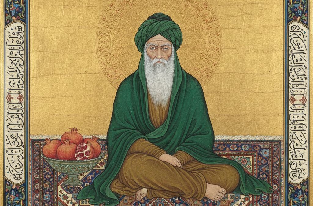 مینیاتور سالمند با شال سبز و کاسه انار