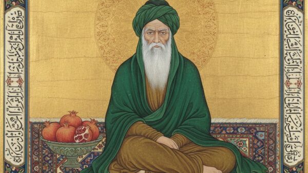 مینیاتور سالمند با شال سبز و کاسه انار