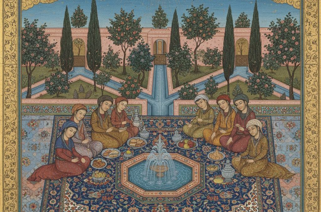 مینیاتور خانواده روی سفره پیک‌نیک در باغ چهارباغ