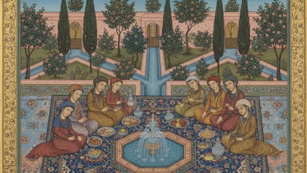 مینیاتور خانواده روی سفره پیک‌نیک در باغ چهارباغ