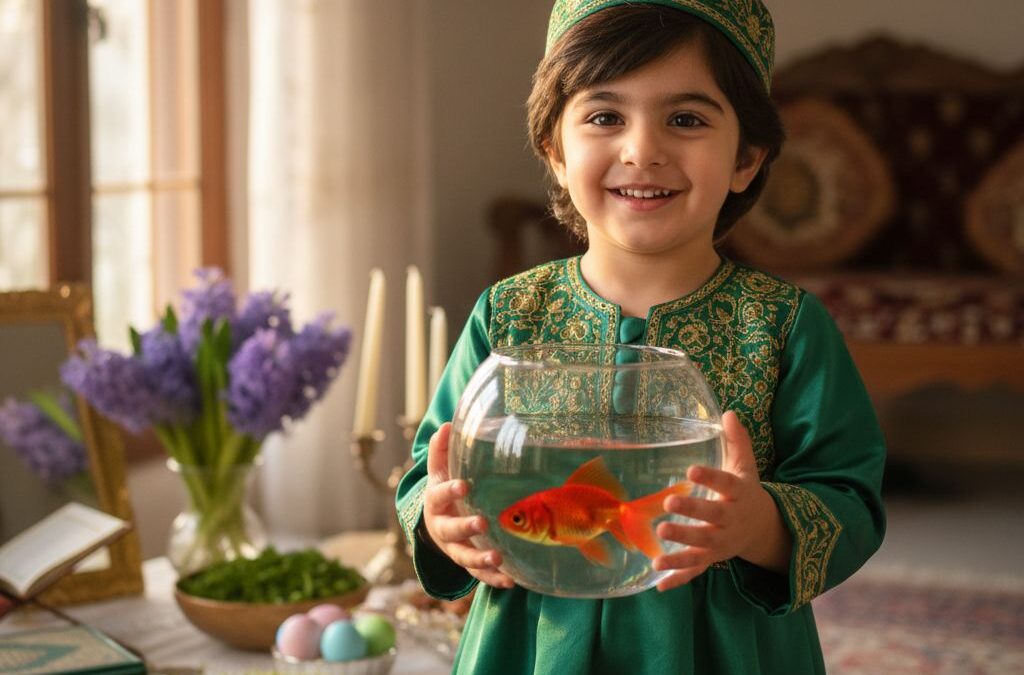 پرتره نوروزی کودک با ماهی قرمز در تنگ بلور کنار سفره هفت‌سین با نور گرم بهاری
