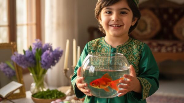 پرتره نوروزی کودک با ماهی قرمز در تنگ بلور کنار سفره هفت‌سین با نور گرم بهاری